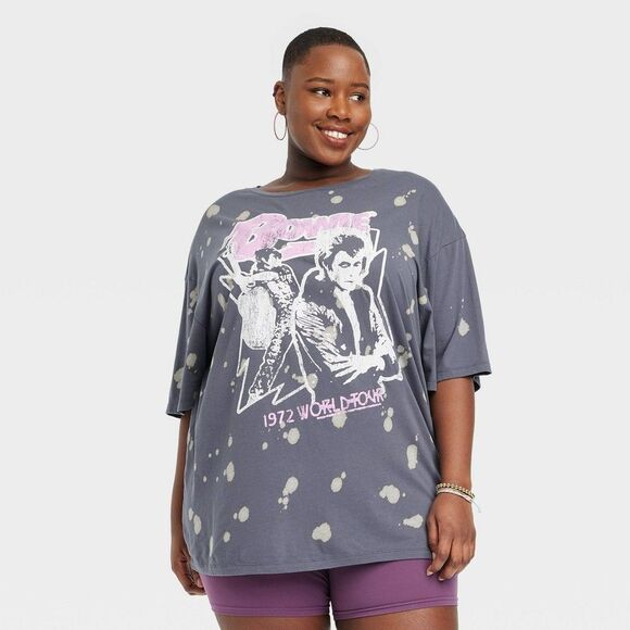 Women's David Bowie Short Sleeve Oversized Graphic T-Shirt Dress - Gray 1X/2X - Picture 1 of 7